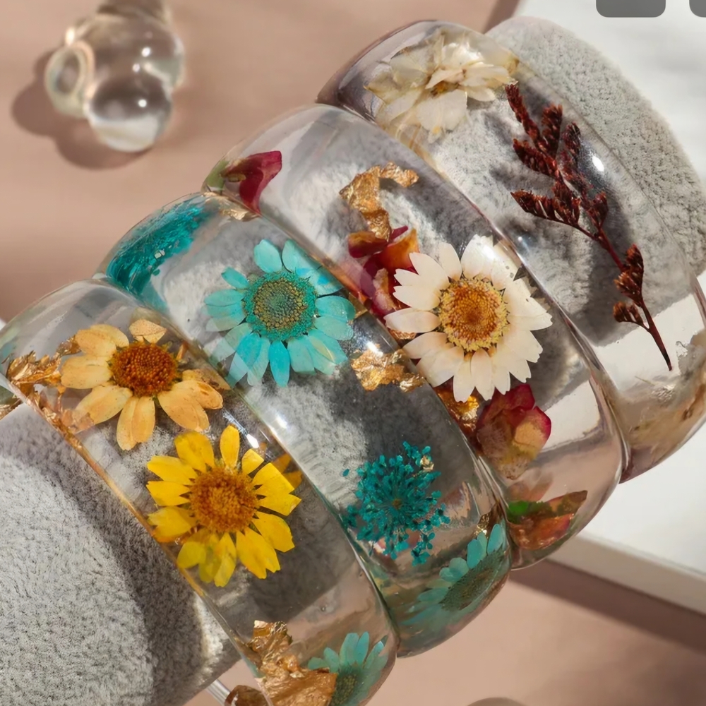 Botanical Resin Bangle Bracelet Blue Yellow Teal Red - Picture 13 of 17